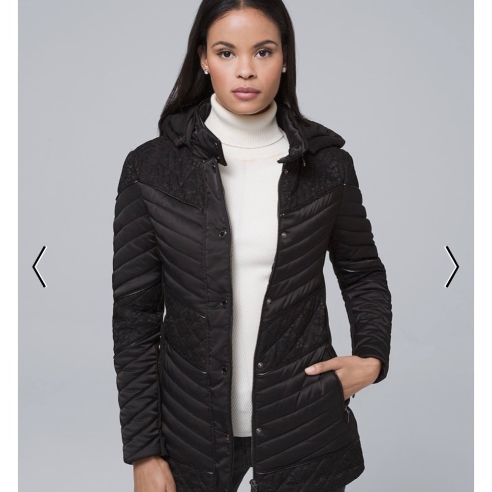 WHBM BLACK REMOVABLE HOOD LACE PUFFER